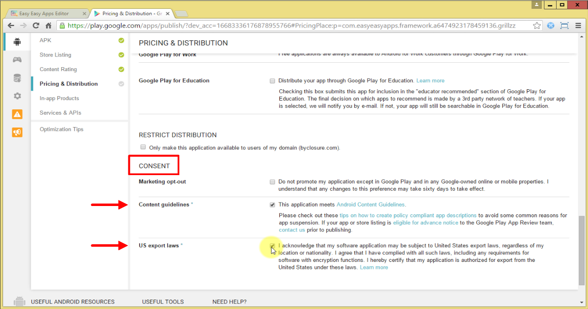 On the consent section confirm that your app meets the content guidelines and accept the US exports laws