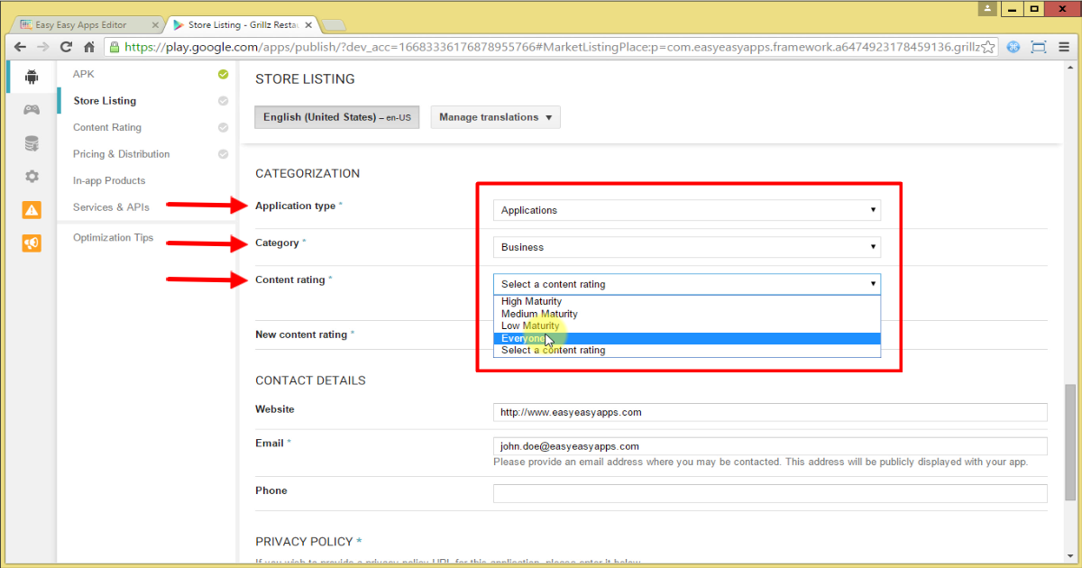 Choose the options for application type, Category and Content rating