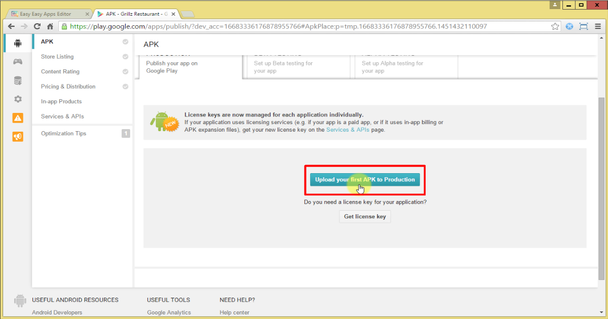 Click in upload your first APK to Production