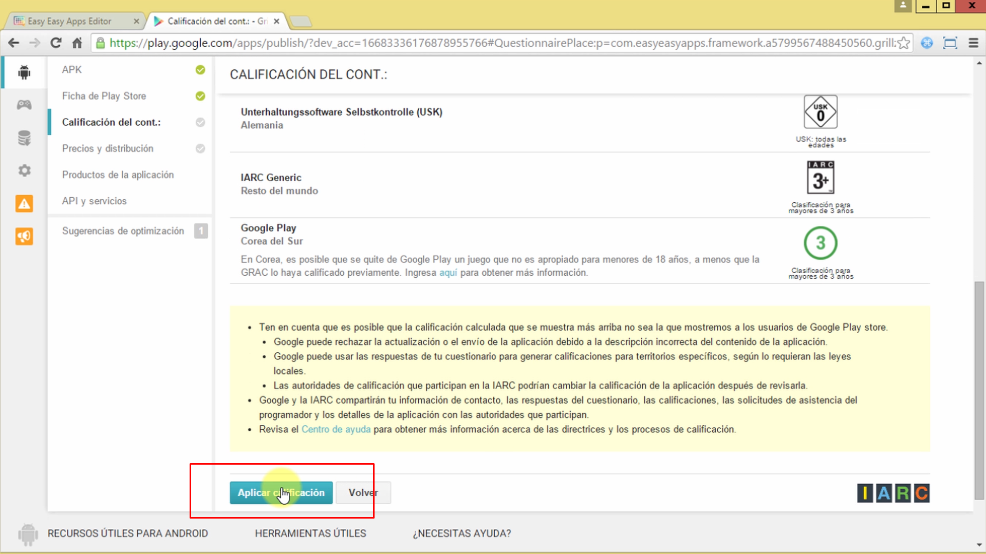 Botón para Aplicar clasificación de su contenido