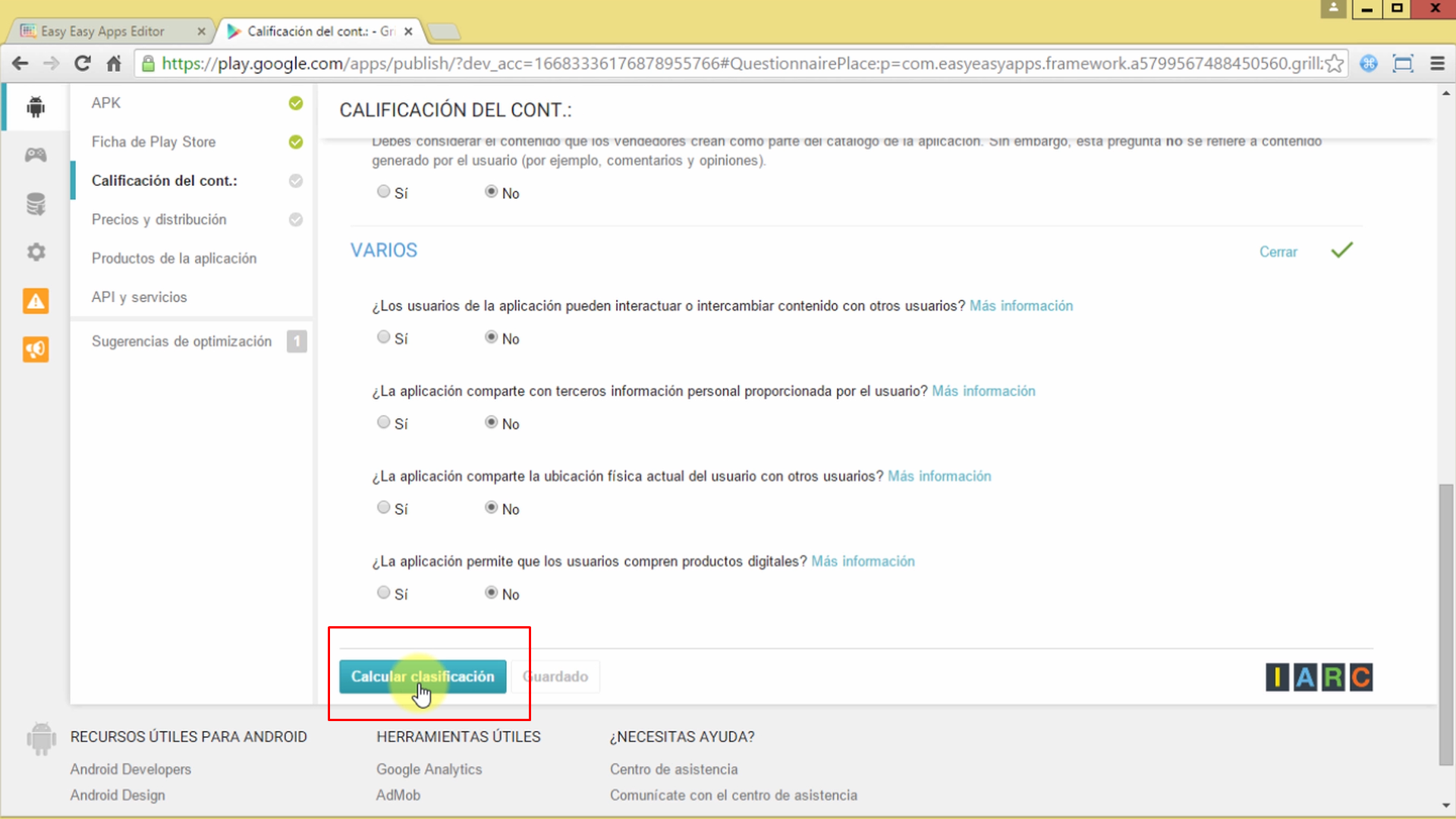 Botón para Calcular clasificación de su contenido