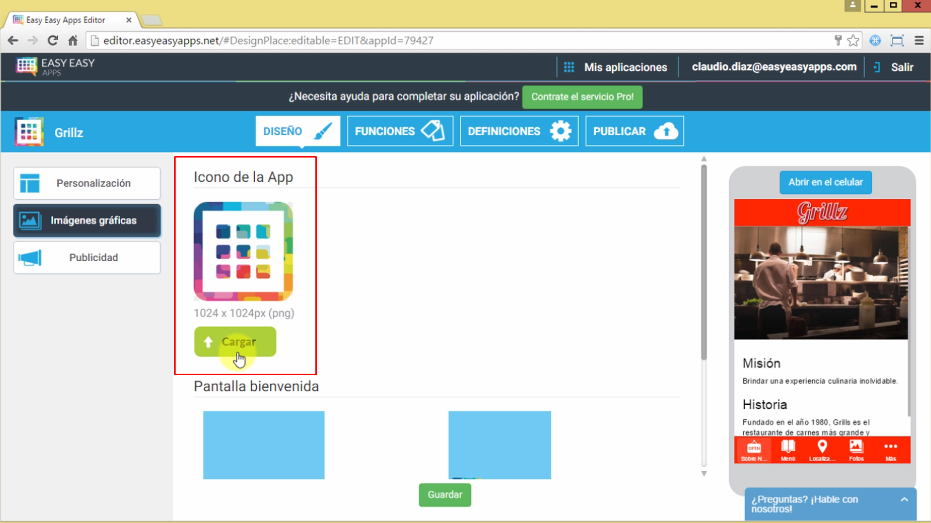 Cargar el ícono de la app en el creador de aplicaciones Easy Easy Apps