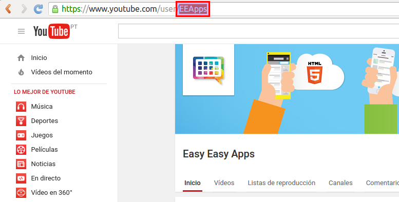 Indicación de la forma de copiar el nombre de usuario de Youtube